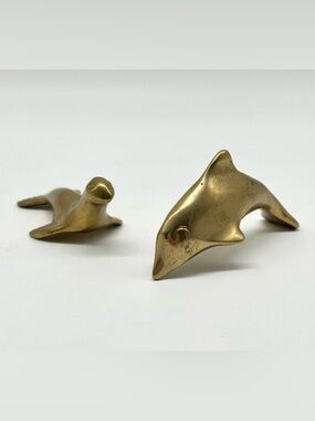 Solid Brass Set Dolphin and Seal Hand Cast Figurines Coastal Ocean Vintage 3.5"